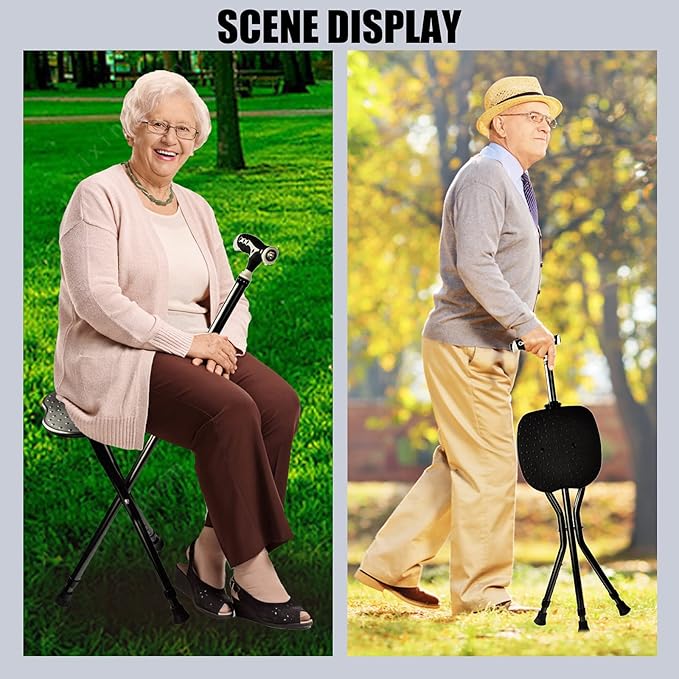 Hold 440 lbs Folding Canes with Seat Walking Stick Height Adjustment Cane Seat Capacity Frosted Handle with Magnetic Therapy Stone Crutches Stool