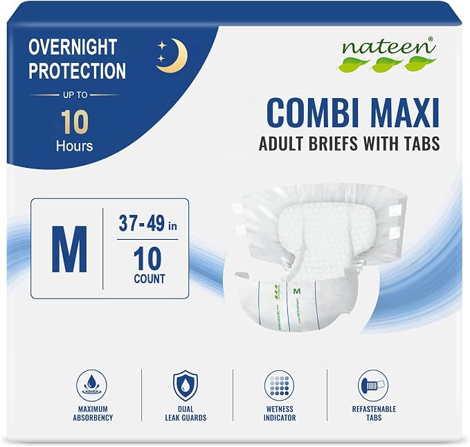 Nateen Combi Maxi Adult Diapers with Tabs for Men & Women, Maximum Absorbency Incontinence Briefs,Overnight Protection, Leakproof Disposable Adult Underwear. Medium, 10Count