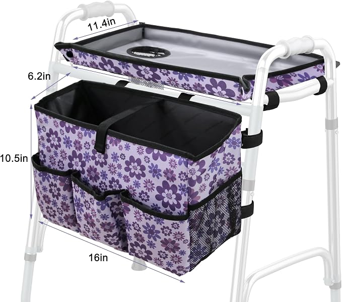 Walker Basket with Tray, Walker Tray for Folding Walker, Walker Accessories for Seniors, Non-Slip Surface, Universal Fit for Standard Walkers, Ideal for Meals, Drinks & Reading (Purple)