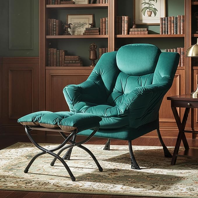 Tiita Lazy Chair with Ottoman, Modern Large Accent Lounge Armchair, Comfy Leisure Sofa Reading Chair with Footrest for Bedroom, Living Room, Dorm Rooms, Garden and Courtyard, Green