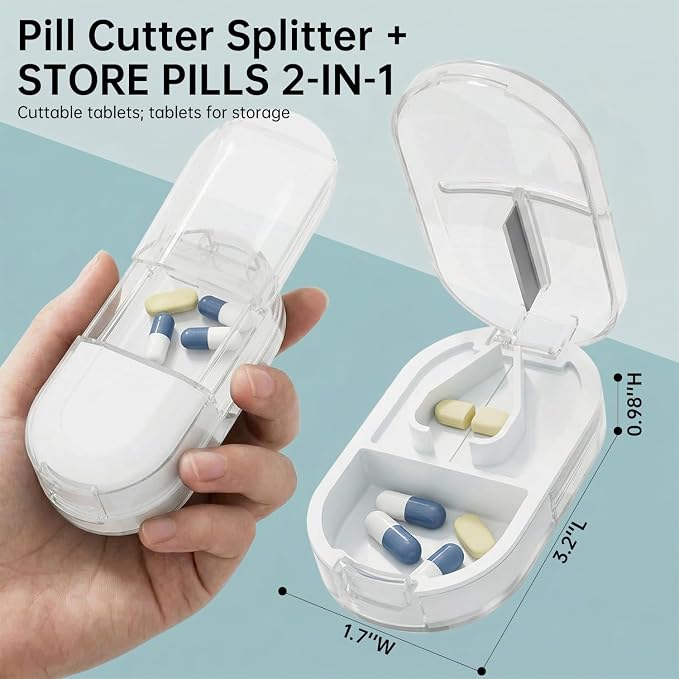 Pill Cutter Splitter for Small or Large Pills, Portable Pill Splitter with Hidden Professional Organizer and Brush, Tablet Cutter Medicine Slicer, Coupe Pilule for Tablets and Vitamins(Clear)