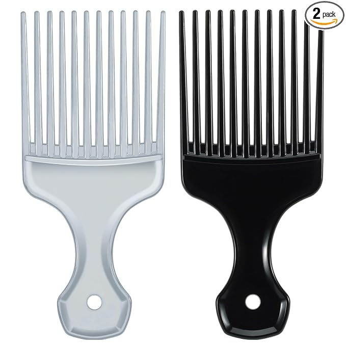 SIMPOR 2 Pcs Hair Pick Comb, Wide Tooth Lift for Hair Styling Detangling, Plastic Afro Pick for Women Men (Silver, Black)