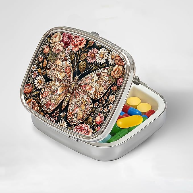 LRITER Pill Case, 2 Compartment Portable Small Travel Pill Organizer for Purse and Pocket, Stylish Medicine Case with Multiple Patterns, Daily Pillbox for Home & Travel (Butterfly)