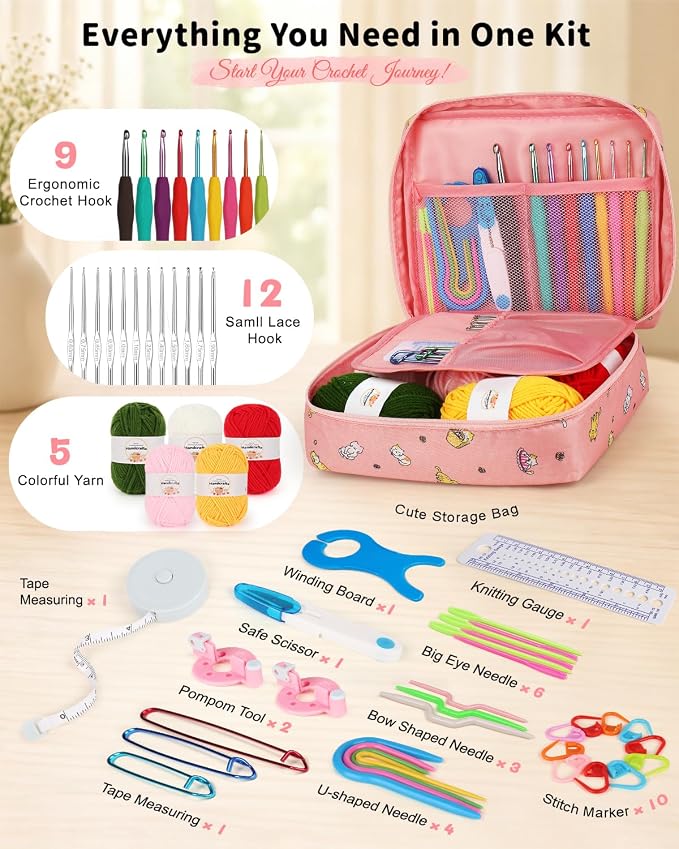 Aeelike Crochet Kit for Beginners - 59-Piece Crochet Starter Kits with Yarn, Ergonomic Hooks & Storage Case, Learn-to-Crochet Set for Adults, Kids & Seniors, Ideal DIY Craft Gift for Women
