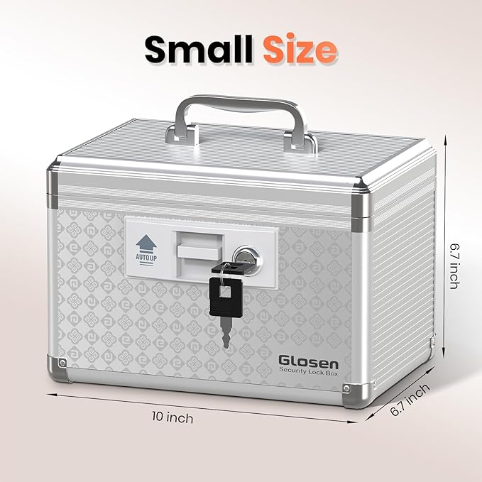 Glosen Medicine Lock BoxLockable Dorm Storage Trunk with Key Lock - Briefcase【Grey-Small】 10 * 6.7 * 6.7inch Medicine Lock Box, Lock Boxes for Personal Items