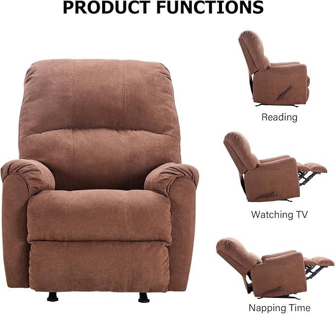 Rocker Recliner Chair for Adults,Manual Recliner Chair with Overstuffed Backrest and Armrests, Soft Fabric Manual Rocking Reclining Sofa for Living Room, Brown