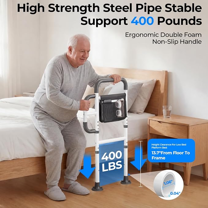 Bed Rails for Elderly Adults Safety, ASTM Tested 400 LBS Bed Assist Rail with Side Assist Handle, Ergonomic Foam Grip, Bed Cane for Seniors, Adjustable Height Thickened Carbon Steel Frame (White)