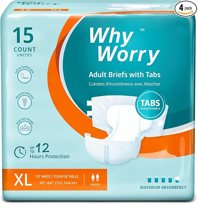 WhyWorry Adult Diapers with Tabs, Maximum Absorbency, XLarge, 60 Count | Disposable Incontinence Briefs, for Women & Men, Leak-Proof Diaper, Overnight Protection, Odor Control, Unisex, 4 Packs of 15