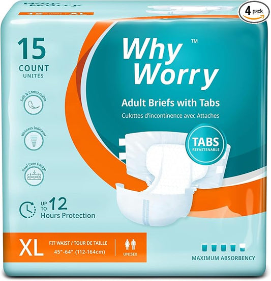 WhyWorry Adult Diapers with Tabs, Maximum Absorbency, XLarge, 60 Count | Disposable Incontinence Briefs, for Women & Men, Leak-Proof Diaper, Overnight Protection, Odor Control, Unisex, 4 Packs of 15