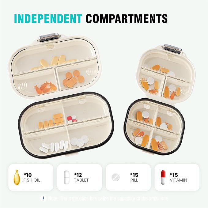 Personal Pill Organizer 2PACK- Medicine Pill Case with Medicine Tracker, Waterproof Pill Box, 7 Compartments, Foldable Design (White)