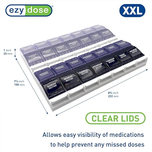 Ezy Dose Push Button Weekly 7-Day, 4X Per Day Pill Organizer, Grey, 2XL | Weekly Pill Case, Medicine Planner, Daily Vitamin Organizer, 4 Times a Day, Arthritis Friendly Push Button Lids, BPA Free