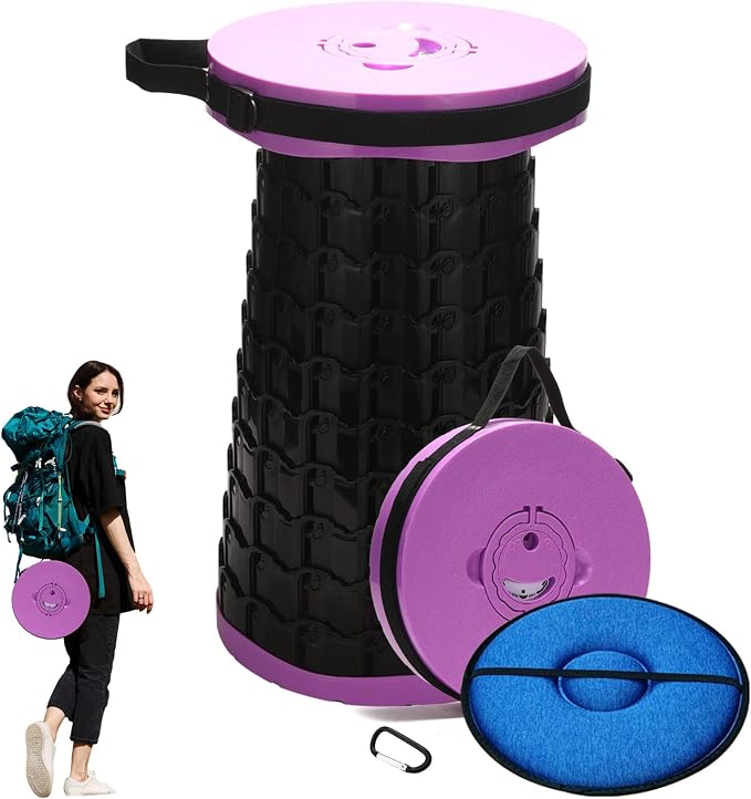 Collapsible Stool with Cushion,1000 lbs Capacity,19.7-in Adjustable Height | Wider & Taller Heavy Duty Portable Telescoping Folding Seat Chair for Adults Camping,Fishing,Travel,Queue Wait,Stadium View