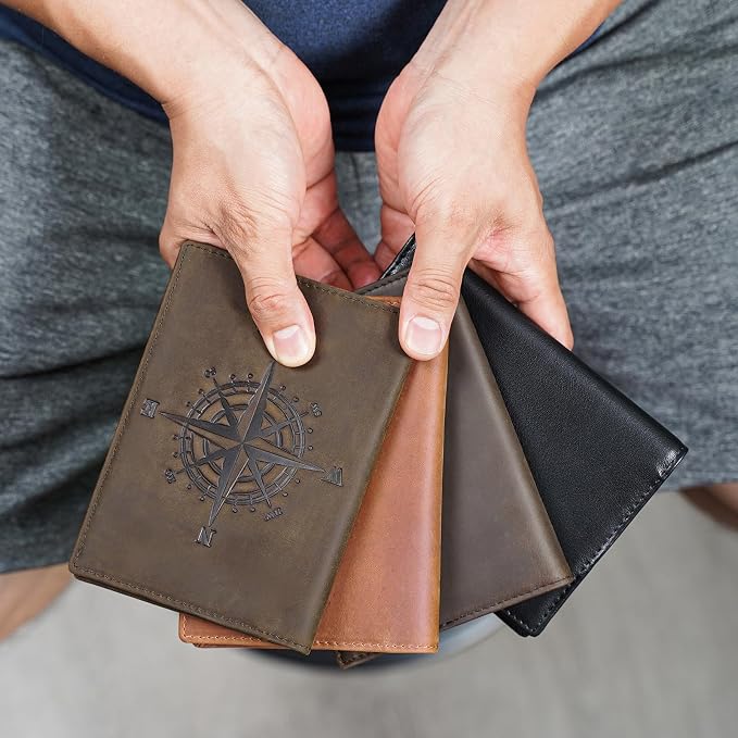 Polare Slim RFID Blocking Leather Passport Holder Travel Bifold Wallet For Men(Dark Brown Compass)