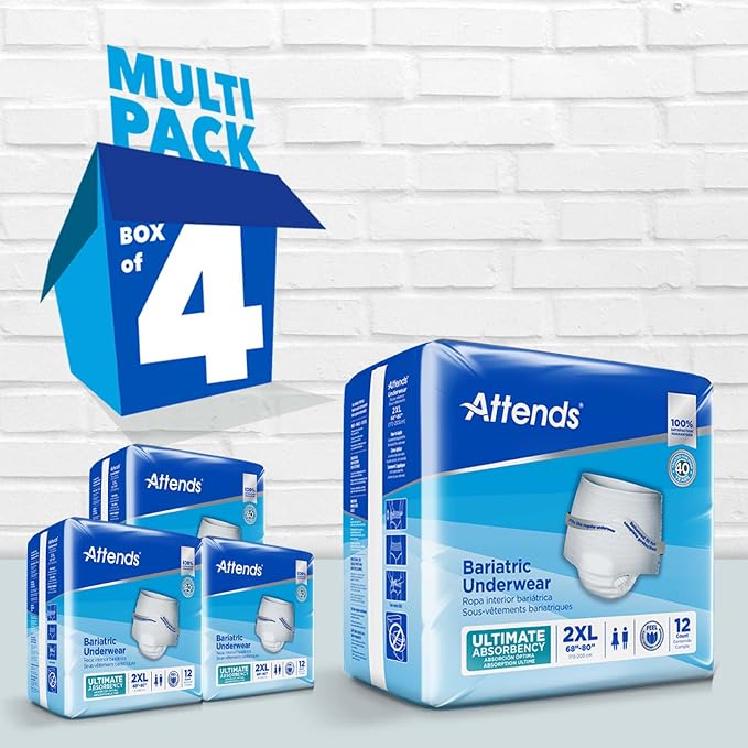 Attends Bariatric Adult Incontinence Underwear, 2X-Large (68–80”), [12 Count] – Overnight Absorbency for Men and Women, Disposable Pull-On Diapers with Tear-Away Sides, AU50
