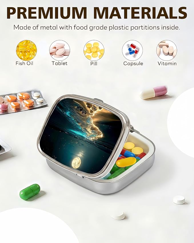 LRITER Pill Case, 2 Compartment Portable Small Travel Pill Organizer for Purse and Pocket, Stylish Medicine Case with Multiple Patterns, Daily Pillbox for Home & Travel (Moonlight)