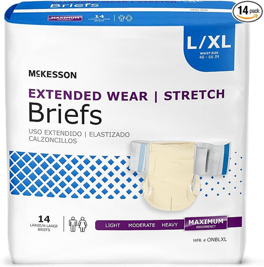 McKesson Extended Wear Stretch Briefs, 14 Count, Size L/XL (48–66 in) – Overnight Adult Diapers with Tabs, Maximum Absorbency, Unisex Disposable Incontinence Briefs for Men and Women