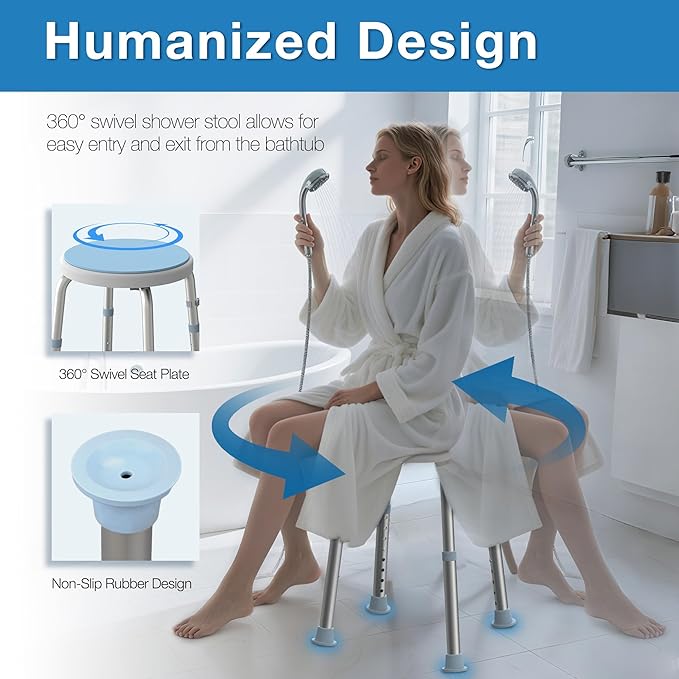Swivel Shower Stool for Inside Shower, 360° Rotating Bath Stool with Non-Slip Seat Pad, Adjustable Shower Chair for Seniors with 6 Height Levels, Lightweight Seat Supports 300 lbs, Tool-Free Assembly