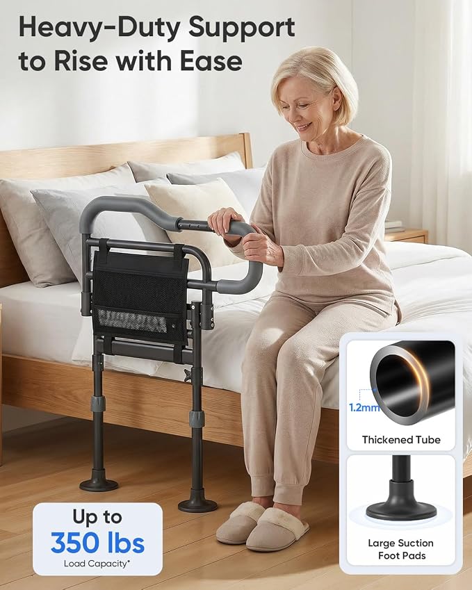 Bed Rails for Elderly Adults Safety, Foldable Bed Rail with Non-Slip Handle | Adjustable Height & Width, 350LBS Load, Large Suction Feet, Motion Sensor Light & Storage Bag, Fits 7"-13" Mattress