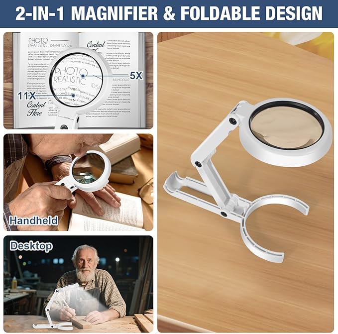 Upgraded Rechargeable Magnifying Glass with Light and Stand, Foldable Handheld & Hands-Free Magnifying Glass 2 Level Dimmable Large Magnifier for Seniors Reading, Close Work, Coins, Jewelry