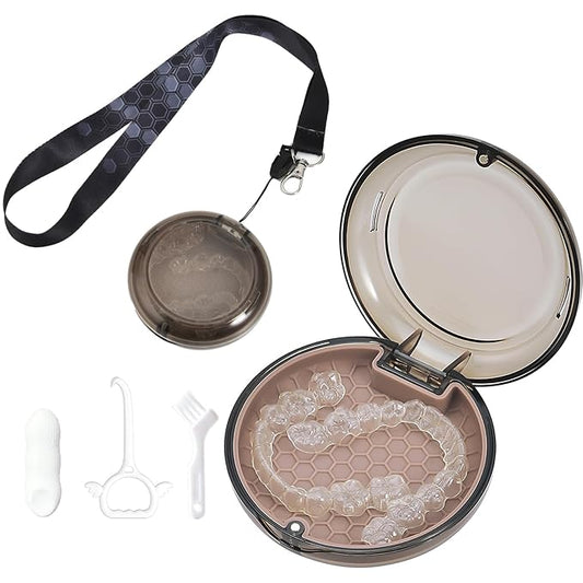 Retainer Case with Lanyard Slim Aligner Case with Vent Holes Retainer Removal Tool and Brush Compatible with Night Guard(Clear Brown with Lanyard)