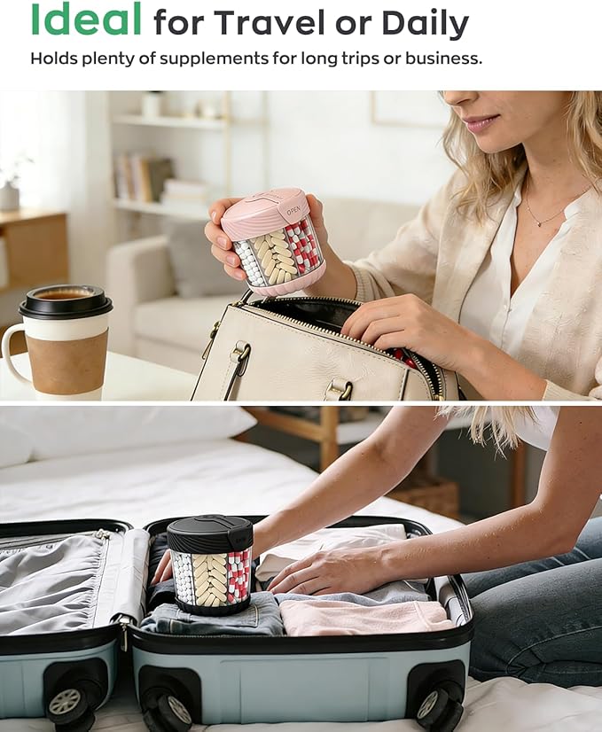 Cute Pill Dispenser with 7 Large Compartments, Portable Pill Bottle Organizer with Wide Opening for Travel, Anti-Mixing Pill Container, Shatterproof BPA-Free, Includes 20 Pcs Labels, Black