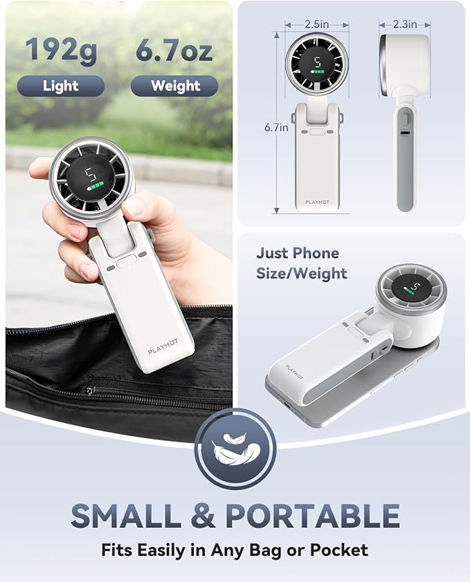 PlayHot Portable Handheld Turbo Fan, Travel Essentials, Gifts for Women/Men | 5-Speed, Up to 12H, 10m/s Airflow, USB-C Rechargeable, LED Display, 3-in-1 Foldable Personal Fan for Cruise, Beach, Vacation