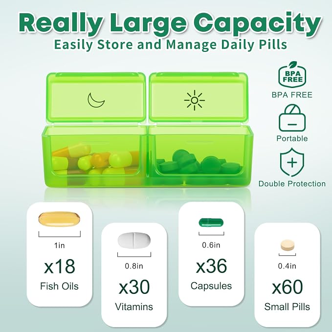 Monthly Pill Organizer 2 Times a Day with Weekly Pill Bag, 30 Day Pill Organizer 2 Times a Day with Large 31 Compartments, Monthly Stickers, Pill Cutter, Hard Travel Case Medicine Vitamins Case