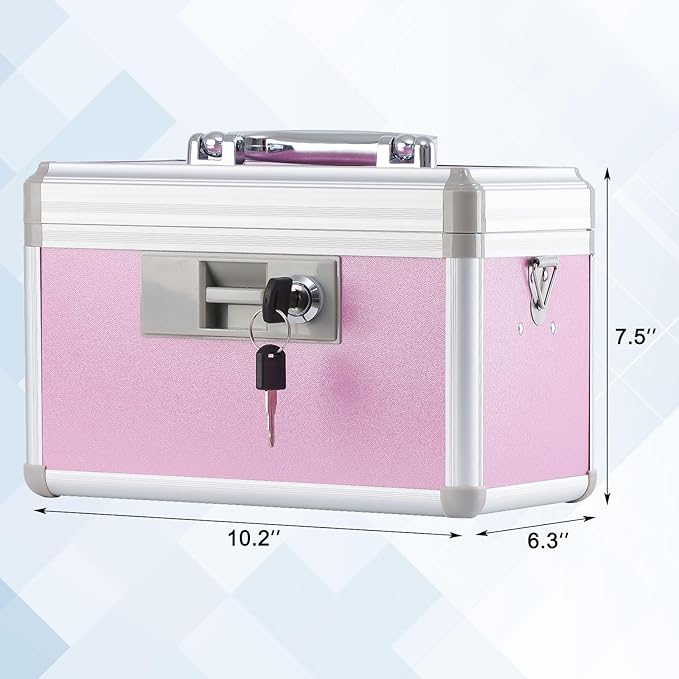 Medicine Box, First Aid Safe Medication Storage Box,Layered Aluminum Daily Medicine Cabinet,10.2" x 6.2" x 7.7", Pink