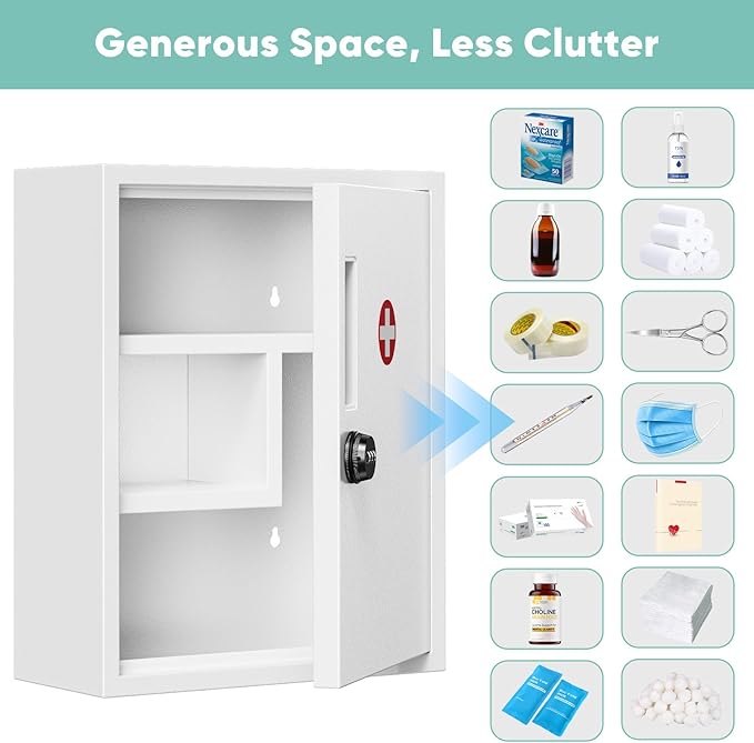 Locking Medicine Cabinet, Empty Metal Medicine Storage Box Wall Mount with All-Metal Digit Lock Keyless, Bathroom Cabinet Organizer Over The Toilet, First Aid Box for Home School Business