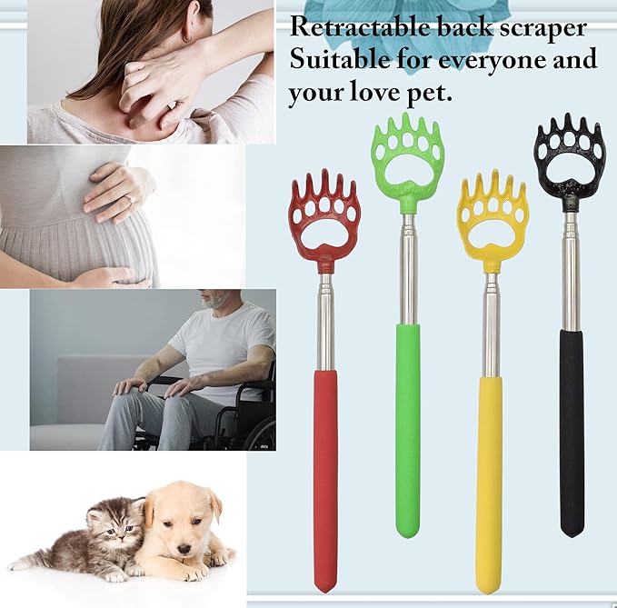 zdyCGTime (4Pack Bear Claw Back Scraper,Portable Retractable Back Scraper,Metal Retractable Back Scraper,Back Scraper with Rubber Handle can Eliminate Back Itching.(Black,Red,Yellow,Green) 4Pack