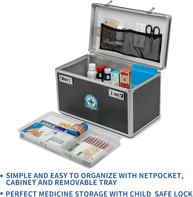 Large capacity Locking Box，Lockable Medication Box with Portable Storage Case, 15 x 8.7 x 9.3 Inch, Childproof Medicine Lock Organizer, Locked Empty First Aid Storage Case (Gray/X-Large)