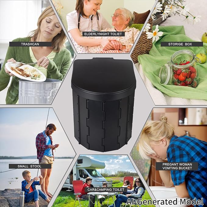 KINSPORY Camping Toilet, Portable Toilet for Adults & Kids, Foldable Potty & Outdoor Emergency Sanitation Products, Trash Can, Stool for Car Truck Camping Travel Hiking Fishing Long Trips (Deep Black)
