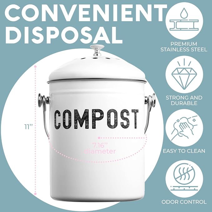 Epica Kitchen Compost Bin for Kicthen Countertops, 1.3 Galllon - White