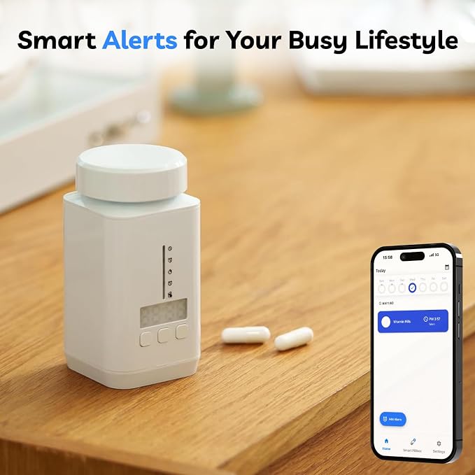 DEFI Smart Pill Bottle - Bluetooth Medication Reminder with Sound & Light Alarm, LED Time Display, Auto Dose Tracking App, 1-Year Battery, Travel Pill Organizer for Vitamins & Supplements