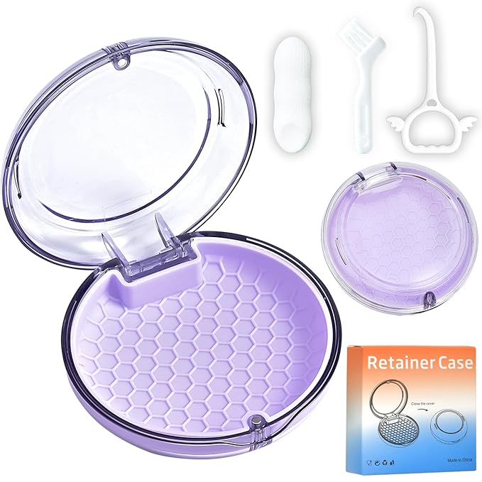 Retainer Case Slim Aligner Case with Vent Holes Cute Dental Brace Box with Retainer Removal Tool and Brush Compatible with Night Guard and Mouth Guard (Clear Purple)