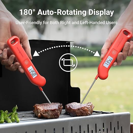 Professional Meat Thermometer Digital, ±0.5℉ NIST Certified Accuracy, Instant Read Food Thermometer for Cooking Grill, Fully Waterproof, Auto-Rotate Backlit Display, Motion-Sensing On/Off, Red