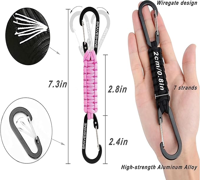 BRAVESHINE Paracord Keychain Carabiner Clip | D Ring Hanger Lanyard Hook | 7.3inch Long | for Stroller, Water Bottle, Key, Backpacks, Men, Women, Luggage, Car Seat Headrest, Fence, Bag Charms