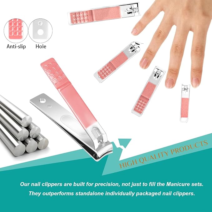 Nail Clippers Set, 26 Piece Manicure Set & Pedicure Kit, Stainless Steel Fingernail & Toenail Clipper Cutters, Professional Nail Care Tools with Luxurious Travel Case for Men and Women, Metallic Pink