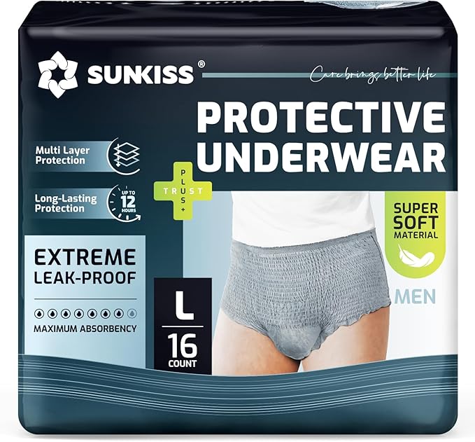 SUNKISS Incontinence Underwear for Men,Daytime Disposable Adult Pull Ups,Mens Protective Briefs with Maximum Absorbency, Large, Grey, 16 Count