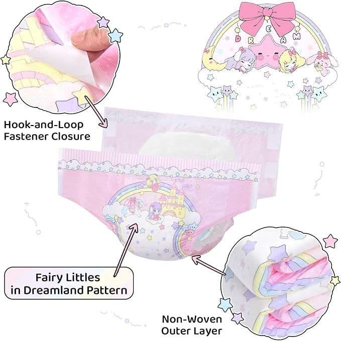 LittleForBig Ultra Absorbent 7000 mL Adjustable Hook-and-Loop Fastener Closure Adult Printed Cloth Back Diaper 10 Pieces - Fairy Littles in Dreamland (Large 36"-48")