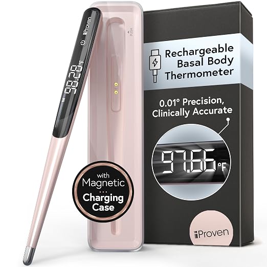 iProven Rechargeable Basal Body Thermometer, 0.01° Precision, Silent Buzz | Accurate 70-Sec Readings, Backlit Display, Last Memory Recall, BBT Thermometer for Natural Ovulation Tracking