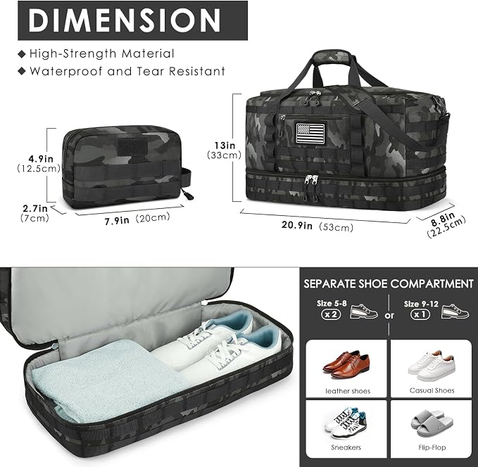 Gym Bag for Men Women, Carry on Luggage 22x14x9 Airline Approved Duffle Bag | Tactical Travel Bags with Toiletry Bag and Shoe Compartment, Weekender Overnight with Wet Pocket for Workout, Black Camo