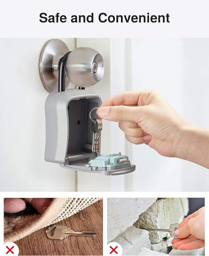Puroma Key Lock Box Outdoor 4 Digit Code Combination Lockbox House 1 Silver | For Contractors Guest Realtor Storage Keys, Portable, Home Wall Mount, Resettable, Combination, Weatherproof, High-capacity