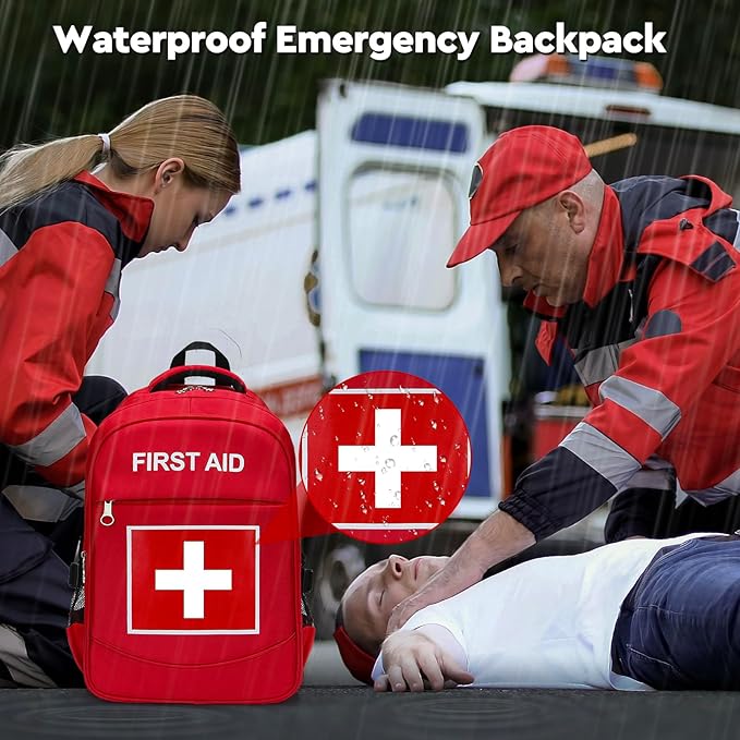 E-HORDE First Aid Backpack with Multi-Pocket, Emergency Medical Backpack, Large Capacity & Water-proof, Empty First Aid Bag for Home Office EMT Paramedics, Red