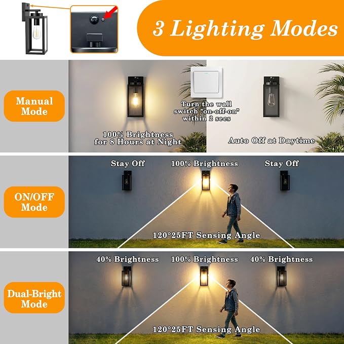 Upgraded Motion Sensor Outdoor Wall Lights, Matte Black, 2-Pack | 3 Lighting Modes, Rust-Resistant, Quick & Easy Installation, Waterproof & Weatherproof, Thick Clear Glass & Durable Metal