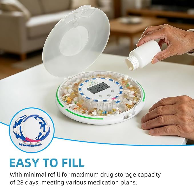 EziMedPil 28-Day Locked Automatic Pill Dispenser with Frosted Privacy Lid | Sound-Light Reminder, 6 Daily Alarms & Dosage Rings, LCD Display & Built-in Magnifier for Dementia & Chronic Disease Seniors