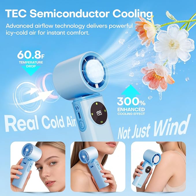 6000mAh Portable Handheld Fan with Ice Cooling, 199 Levels Stepless Speed, 20H Long Battery Life, 20000RPM Turbo Fan Rechargeable Personal Mini Fan for Travel, Outdoor, Makeup (Blue)