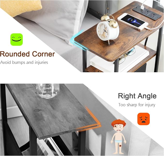 Narrow End Table with Charging Station, Small Nightstand | Skinny Side Tables Living Room with 2 Fabric Drawers, Slim Bedside Table for Bedroom, Small Spaces, Couch, Brown