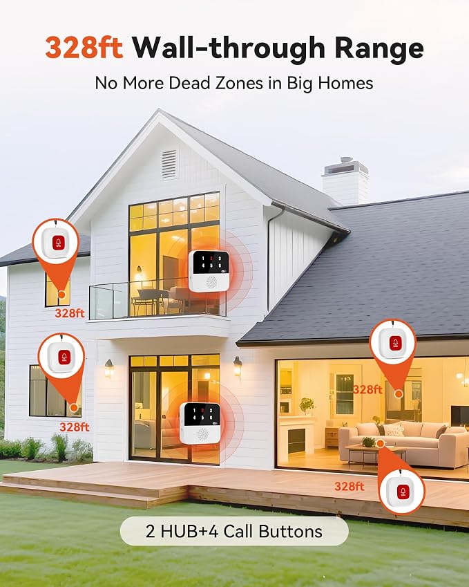 PILSAMAS Wireless Caregiver Call Button System - Dual Hub, Multi-Location Alarm, Dsiplay Caller ID & App Alert, No Monthly Fee, 4 IP65 Panic Buttons, Emergency Alert for Elderly at Home/Nursing Homes