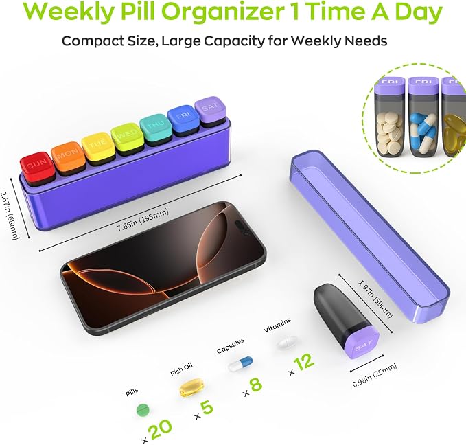 HIONXMGA Weekly Pill Organizer, Detachable 7-Color Pill Box, Easy Open | Portable Travel Pill Case Container for Daily Medication Easy Track, Privacy Protection, Built-in Quick Fill Design, Purple